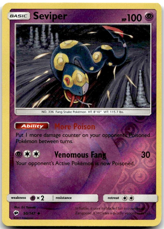 Pokemon Seviper Burning Shadows SM03 #50/147 Uncommon Reverse Holo LP SET FILL!