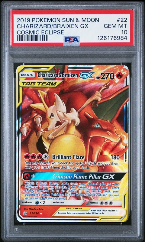 2019 POKEMON SUN & MOON COSMIC ECLIPSE #22 CHARIZARD & BRAIXEN GX PSA 10