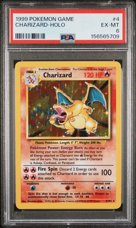 1999 POKEMON BASE SET UNLIMITED #4 CHARIZARD-HOLO PSA 6