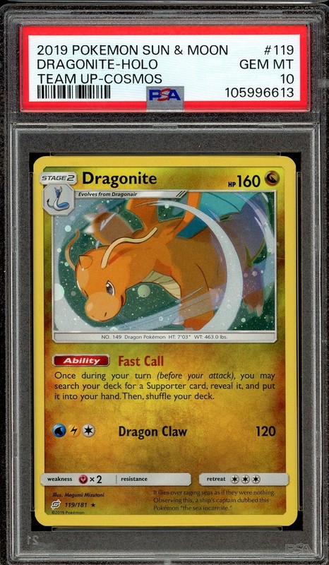 Pokemon TCG Sun & Moon Team Up #119 Dragonite Holo Cosmos PSA 10 Low Pop