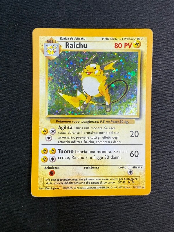 Pokemon Raichu 14/102 Base Set Rare Holo Swirl Unlimited Wizards ITA Vintage