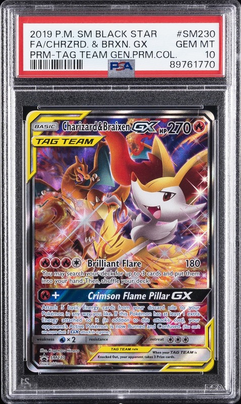 2019 POKEMON SM BLACK STAR PROMO #SM230 FULL ART/CHARIZARD & BRAIXEN GX PSA 10