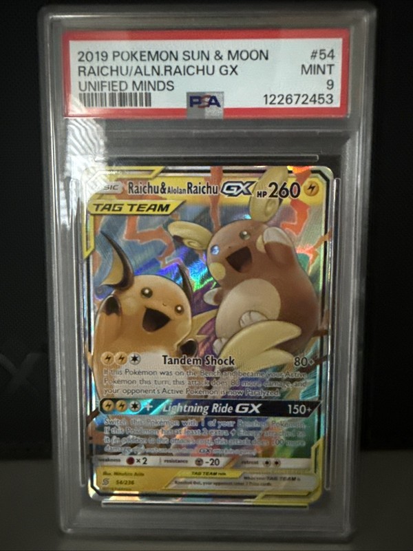 2019 Pokemon SM Unified Minds Raichu Alolan Tag Team #54/236 PSA 9