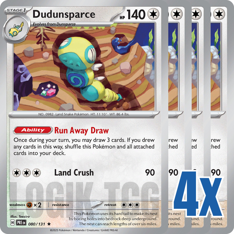 4x Dudunsparce 080/131 x4 – Prismatic Evolutions – HOLO RARE – Playset