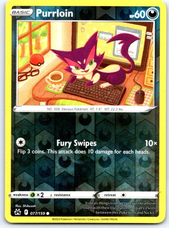 Purrloin 077/159 Common Crown Zenith Pokemon Reverse Holo NM