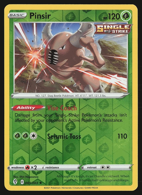 SWSH07: Evolving Skies Pinsir #001/203 Reverse Holo Pokemon Card