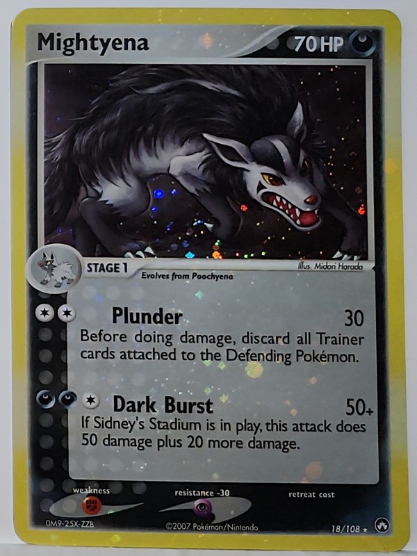 Swirl 🌀 Mightyena 18/108 Cosmos Holo Heavily Bleed Error Rare Pokémon TCG ✨️