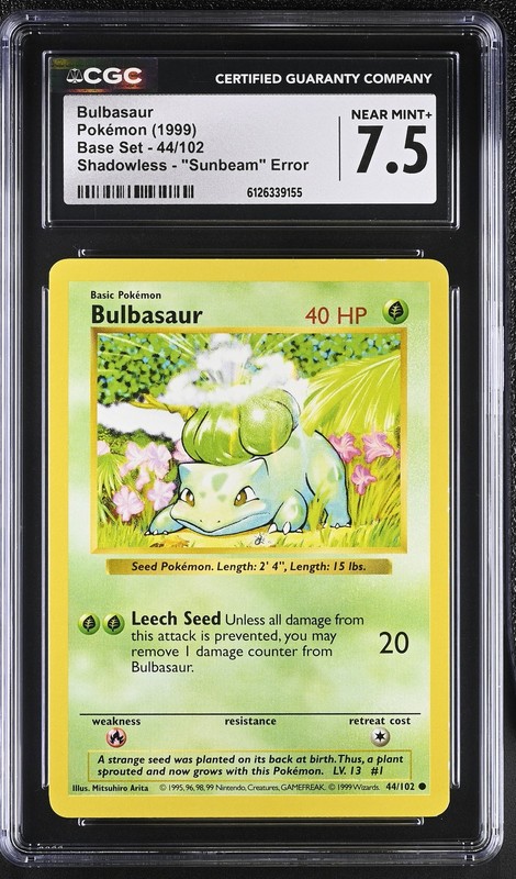 CGC 7.5 Bulbasaur 44/102 Shadowless “sunbeam” Error Base Set Pokemon Card