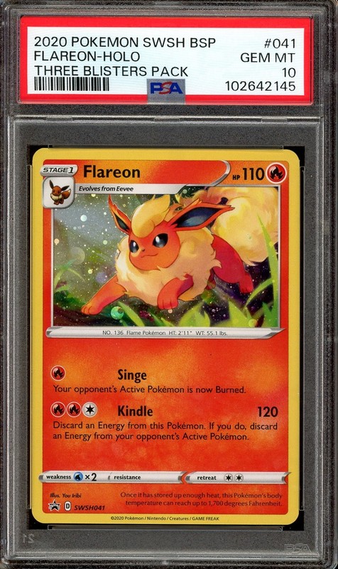 Pokemon TCG Sword & Shield Three Pack Blister #SWSH041 Flareon Holo PSA 10