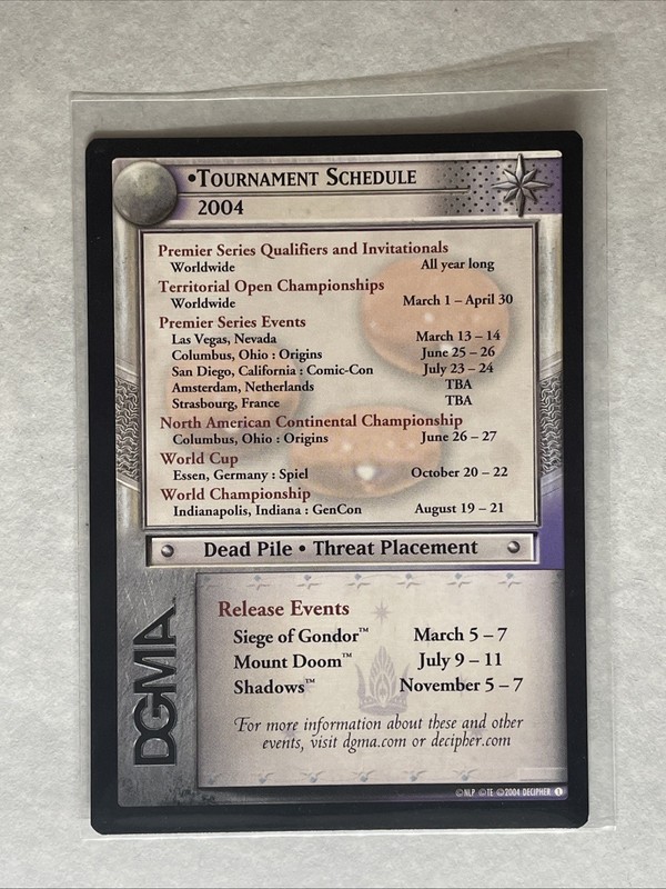 Lord of The Rings LOTR CCG TCG Promo 2004 Tournament Schedule Card