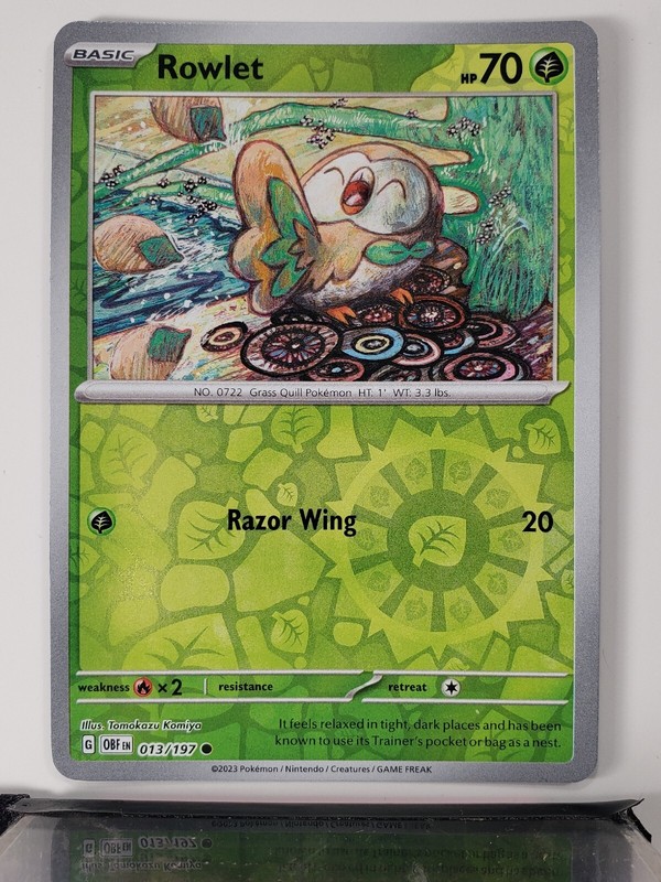 REVERSE HOLO Rowlet 013/197 NM / M Obsidian Flames Pokemon Card Tomokazu Komiya