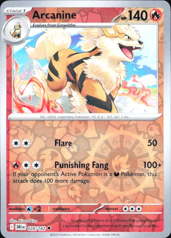 Arcanine DRI SV10: Destined Rivals #028/182 Uncommon Reverse Holo NM