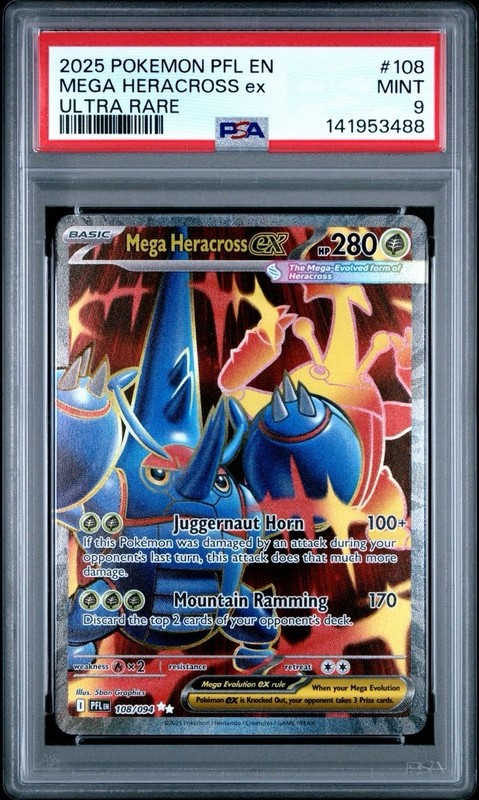 2025 Pokemon Phantasmal Flames #108 Mega Heracross EX Ultra Rare PSA 9 Card MINT