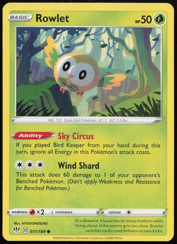Rowlet 011/189 Common Darkness Ablaze Pokemon Near Mint