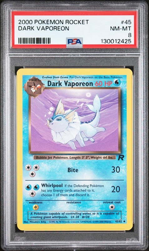 PSA 8 – Pokemon Card -Team Rocket 45/82 -DARK VAPOREON (unc) *1st Edition* NM-MT