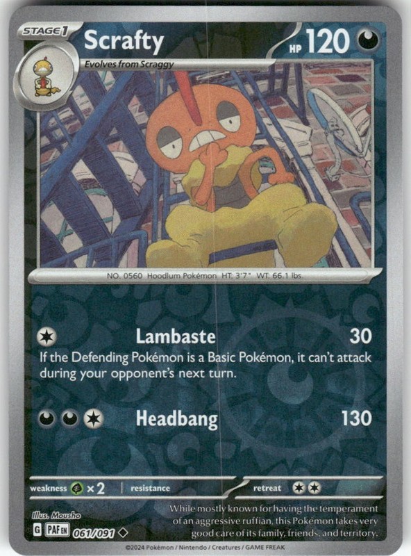 Scrafty 061/091 Uncommon Paldean Fates Pokemon Reverse Holo Near Mint