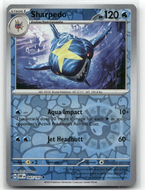 Sharpedo 047/197 Reverse Holo SV03: Obsidian Flames Pokemon TCG
