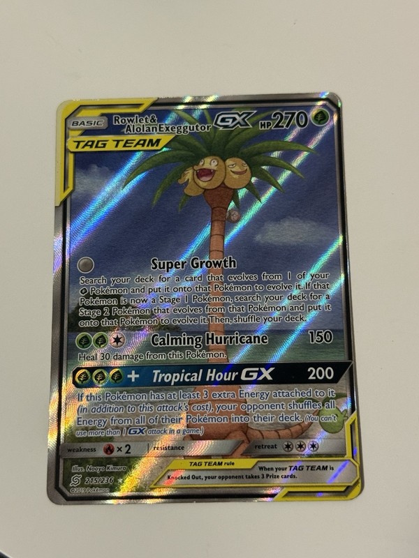 Rowlet & Alolan Exeggutor GX (Alternate Full Art) 215/236 Sm-Unified Minds Holo
