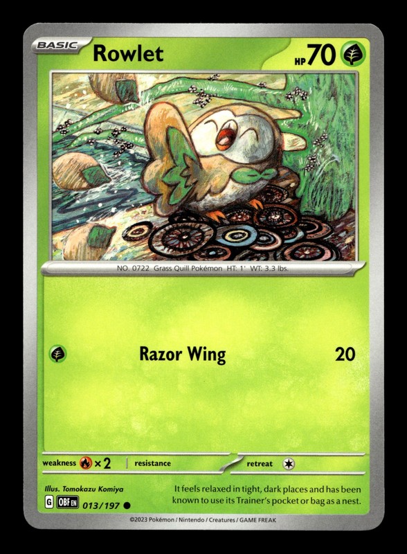 Rowlet 013/197 SV03: Obsidian Flames Tomokazu Komiya Common Pokemon TCG