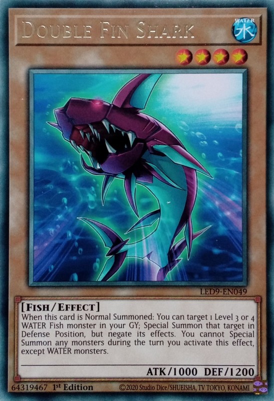 LED9-EN049 DOUBLE FIN SHARK RARE 1ST EDITION YuGiOh CARD