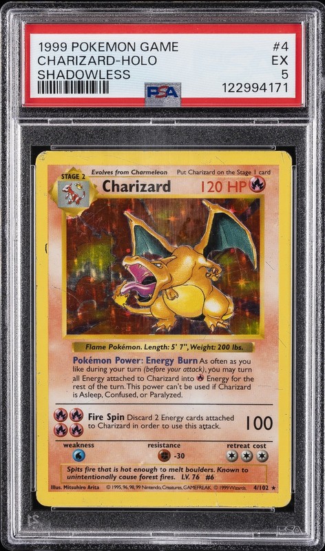 1999 POKEMON GAME SHADOWLESS #4 CHARIZARD-HOLO PSA 5
