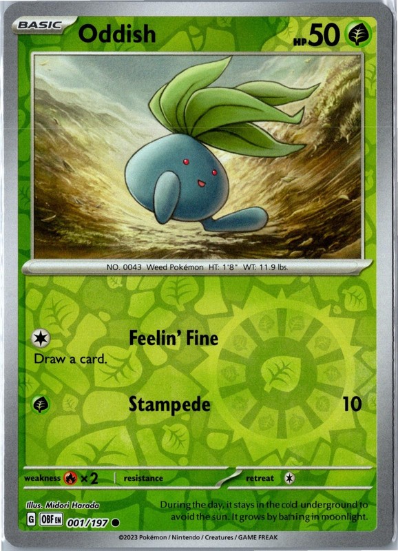 Pokemon Card – Oddish Obsidian Flames 001/197 2023 Common Reverse Holo Near Mint