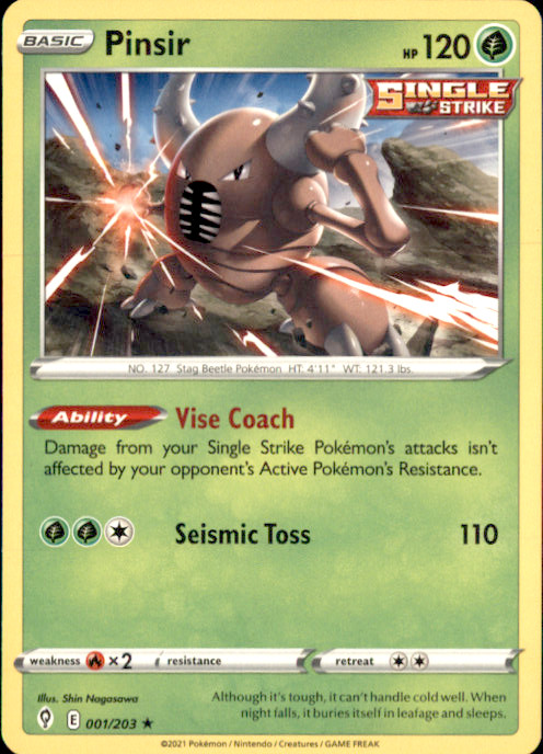 Pinsir Rare SWSH07: Evolving Skies 001/203 NM Shin Nagasawa 2021