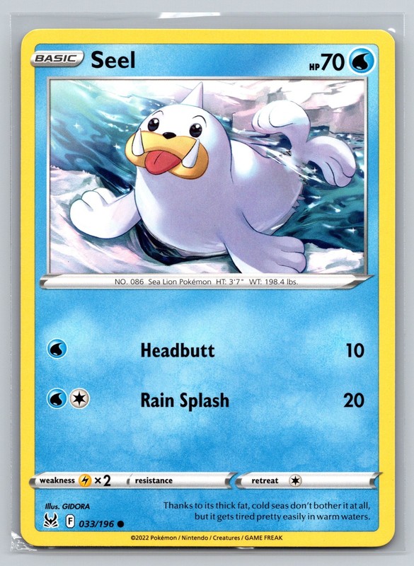 Seel 033/196 Lost Origin Water Type Sea Lion Pokemon TCG Common Basic Card