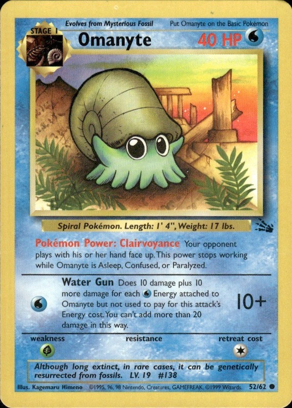 Omanyte 52/62 Common Fossil Pokemon Unlimited Lightly Played
