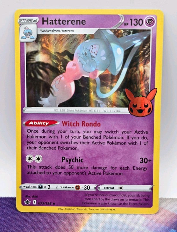 Hatterene 073/198 holo Rare, Trick or Trade, pumpkin Stamped, Pokémon TCG
