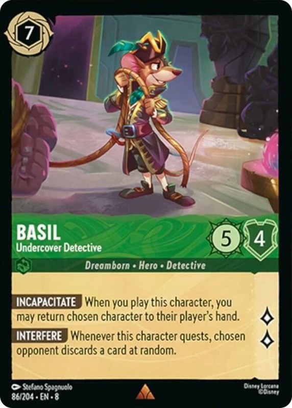 Lorcana Basil – Undercover Detective – 86/204 – Rare, Near Mint Reign of Jafar