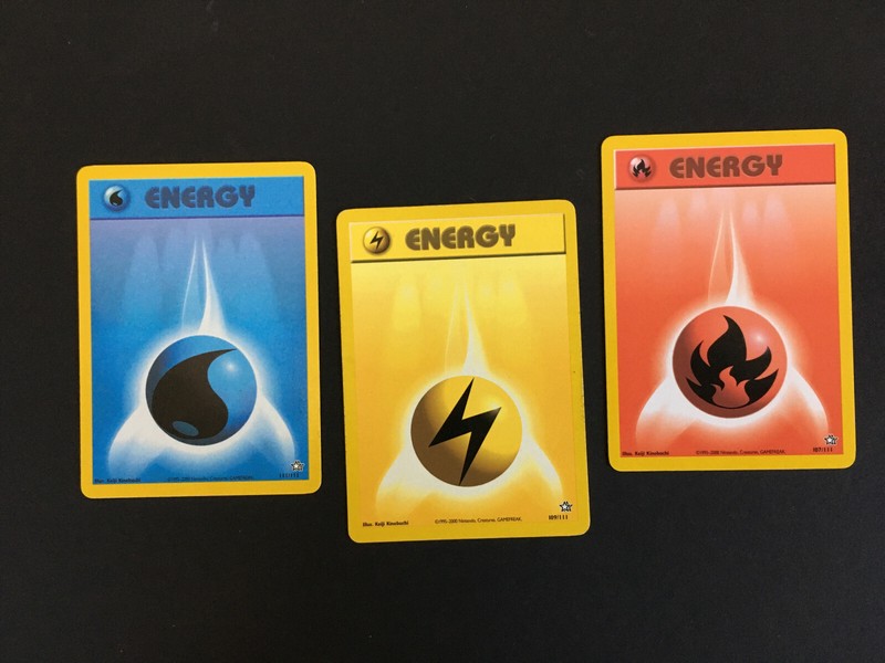 3 Energy Cards Neo Genesis – 1 each Fire/Lightning/Water 107/111 109/111 111/111