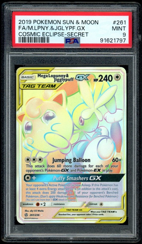 2019 Pokemon Cosmic Eclipse #261 Mega Lopunny & Jigglypuff GX FA Secret PSA 9 MT