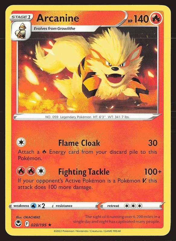 SWSH12: Silver Tempest Arcanine #020/195 Rare Pokemon Card