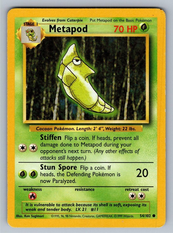 Metapod 54/102 Common Base Set Unlimited Pokemon Lightly Played