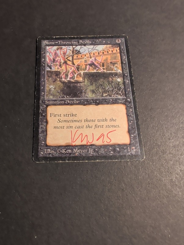 MTG MAGIC THE GATHERING STONE-THROWING DEVS SIGNED ARABIAN NIGHTS HP RARE CARD gallery