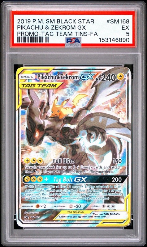 2019 POKEMON SM BLACK STAR PROMO TAG TEAM TINS PIKACHU & ZEKROM GX SM168