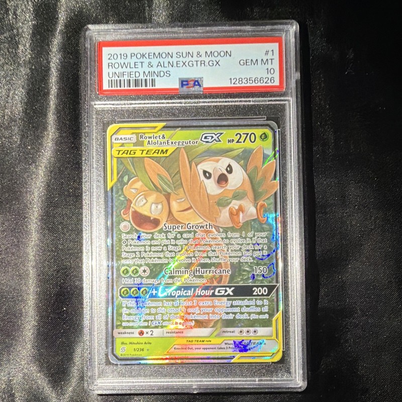 2019 Pokemon TCG Rowlet & Alolan Exeggutor GX 1/236 Unified Minds Holo PSA 10