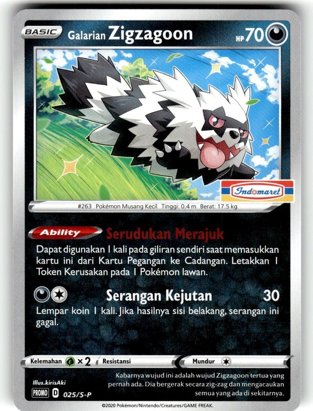 Pokemon 2020 Indonesia Galarian Zigzagoon Promo Card 025/S-P Stamped Indomaret