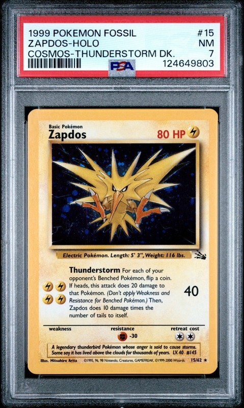 1999 POKEMON FOSSIL COSMOS-THUNDERSTORM DECK HOLO #15 ZAPDOS PSA 7