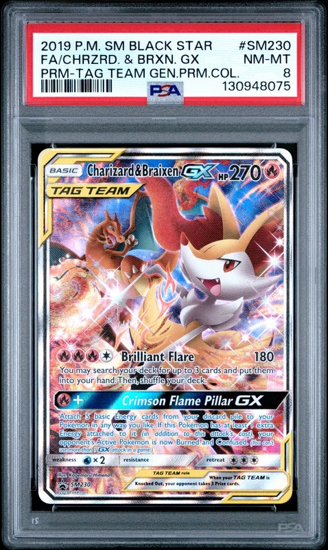 2019 POKEMON SM BLACK STAR PROMO #SM230 FULL ART/CHARIZARD & BRAIXEN GX PSA 8