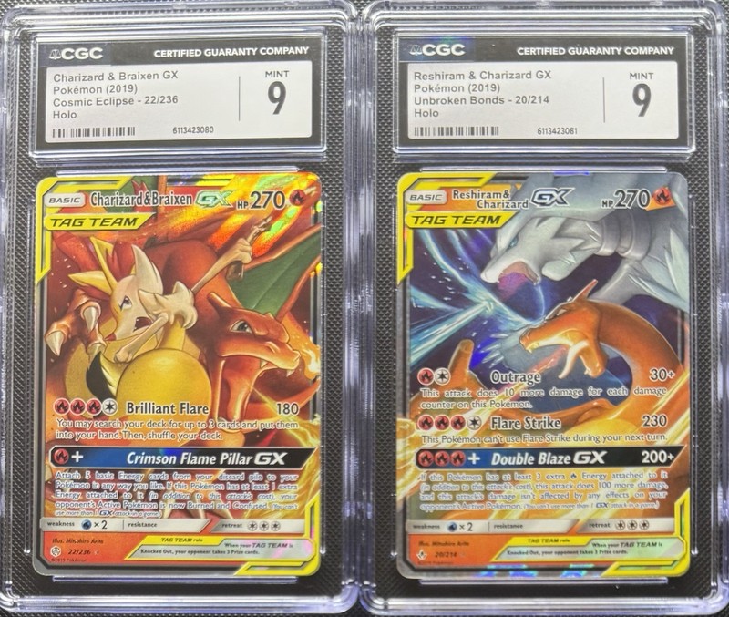 SEQUENTIAL CGC 9 CHARIZARD & BRAIXEN GX 22 & RESHIRAM & CHARIZARD GX 20 POKEMON