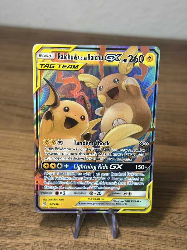 Pokémon TCG Holo Ultra Rare Raichu and Alolan Raichu GX 54/236 Tag Team Unified