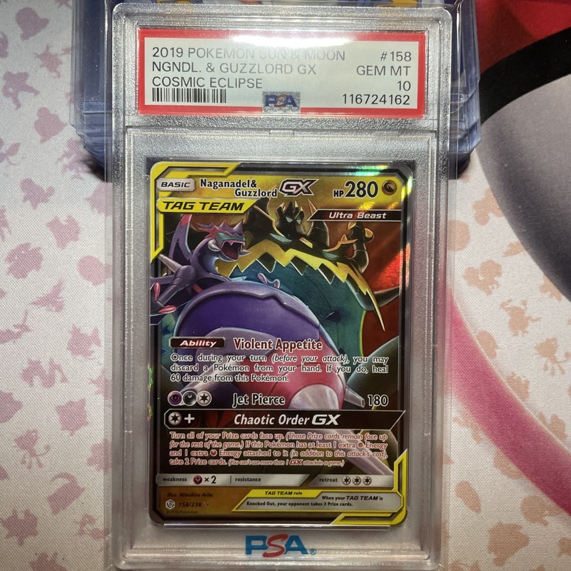 2019 Pokemon Sun & Moon Cosmic Eclipse Naganadel & Guzzlord GX 158/236 PSA 10