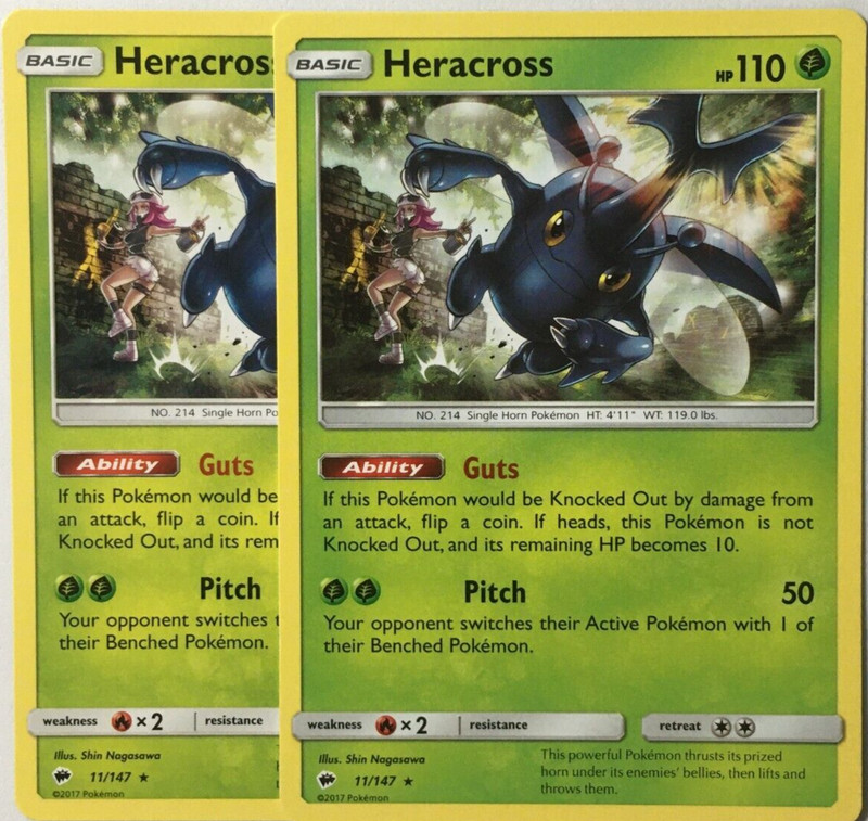 POKEMON 2X HERACROSS 11/147 BURNING SHADOWS RARE NEAR MINT