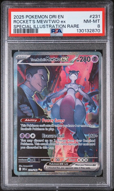2025 POKEMON DRI EN-DESTINED RIVALS #231 TEAM ROCKET’S MEWTWO EX PSA 8