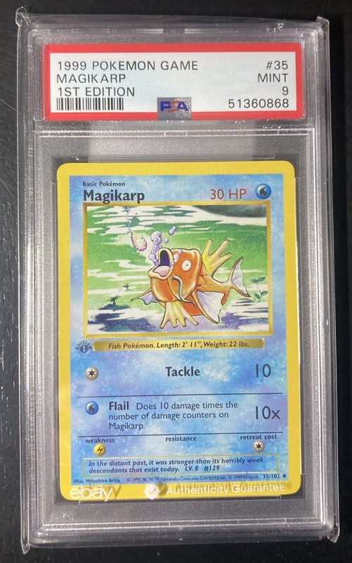 PSA 9 MINT – 1999 base set 1st edition shadowless magikarp (35/102) Grey Stamp