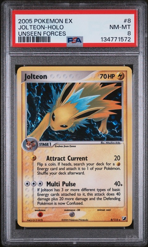 PSA 8 NM-MT JOLTEON-HOLO #8/115 2005 POKEMON EX UNSEEN FORCES [LOW POP] Clean
