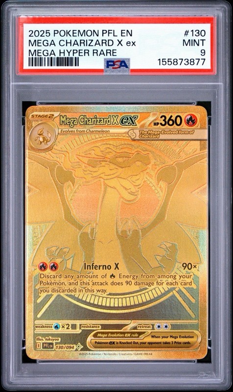 2025 Pokemon Phantasmal Flames Card 130/094 Mega Charizard EX Gold Graded PSA 9