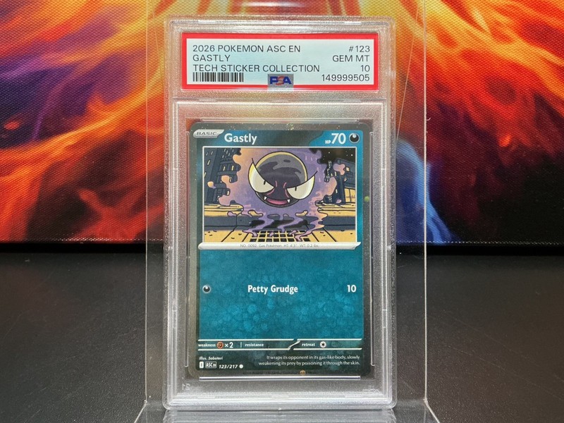 2026 POKEMON ASC TECH STICKER PROMO COSMOS HOLO GASTLY #123 SWIRL PSA 10 💫🐦‍🔥